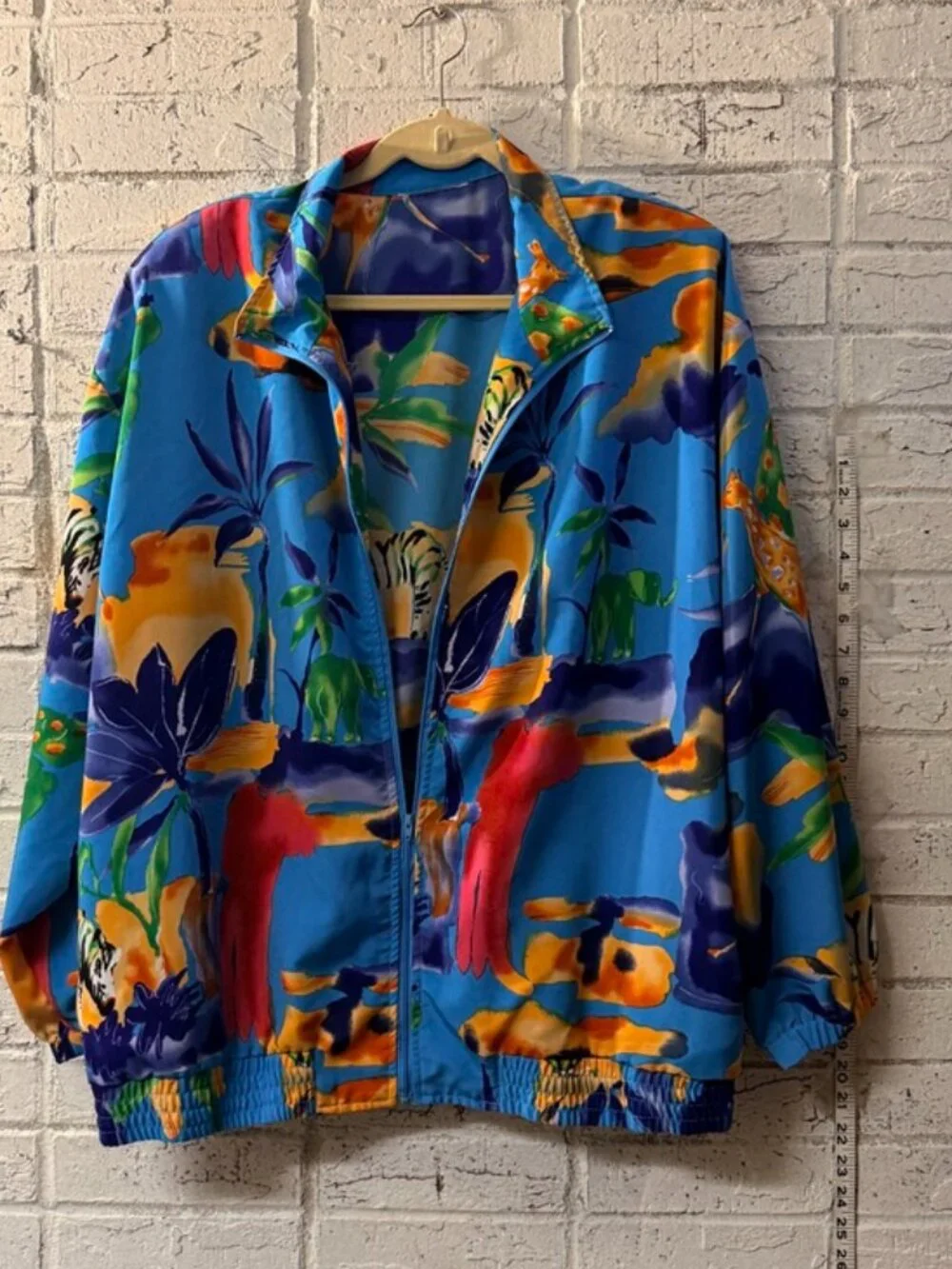 Vintage 90s Safari Animal Print Windbreaker Jacket Blue Tropical Zip Front